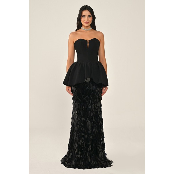 Straplez Volanlı Eteği 7359 Payet Uzun Elbise