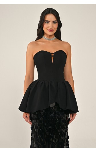 Straplez Volanlı Eteği 7359 Payet Uzun Elbise