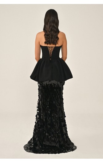 Straplez Volanlı Eteği 7359 Payet Uzun Elbise