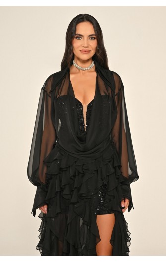 İçi Payet 7291 Eteği Fırfırlı Şifon Elbise