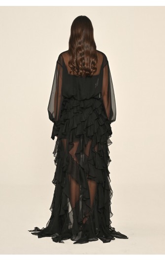 İçi Payet 7291 Eteği Fırfırlı Şifon Elbise